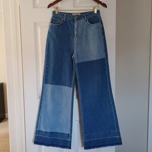 Free People Denim Patchwork Wide Leg Jeans Blue Size 28